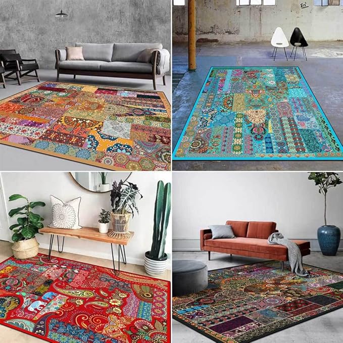 Vintage Boho Area Rugs Multicolor Ethnic Style Geometric Splicing Carpets Bedroom Living Room Kitchen Floor Mats Indoor Outdoor Non-Shedding Runner Rug Home Décor Carpet 5' X 9'