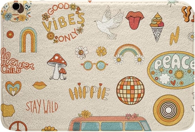 Kids 70s Party Decorations Bath Mat Cute Bus Car Non Slip Bath Rugs for Boys Girls Pastel Rainbow Super Cozy Bathroom Rug 16x24 Hippie Mushroom Bathroom Accessories 60s Retro Disco Rug Groovy Decor