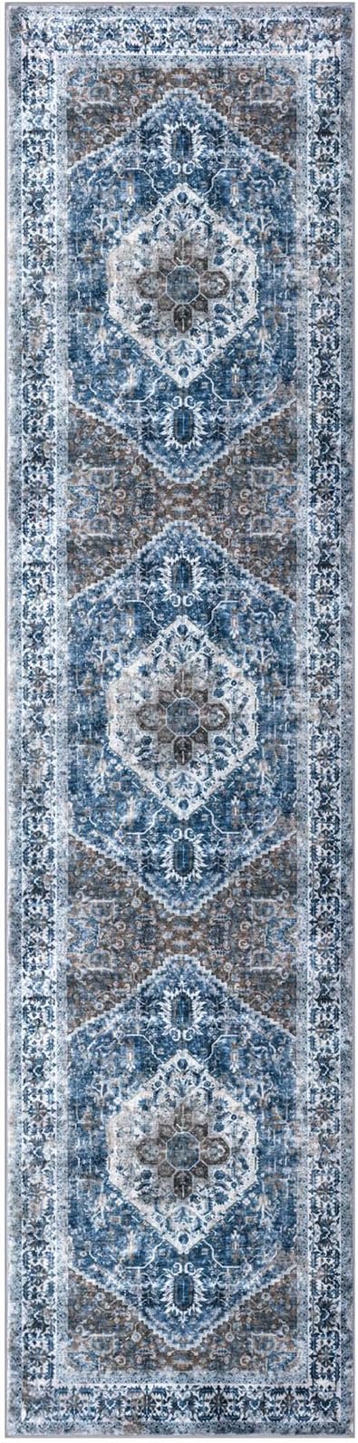 KOZYFLY Runners for Hallways 2x8 Ft Washable Kitchen Runner Rug Boho Runner Rug for Entryway Indoor Blue Printed Oriental Faux Wool Floor Carpet Runner for Bedroom Kitchen Hall