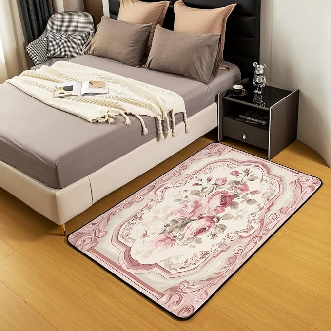 French Country Floral 5x7 Area Rug Pink Rose Living Room Rug | Romantic Flowers Rugs for Bedroom, Rustic Carpet Indoor Floor Mat