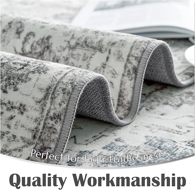 jinchan Kalen Area Rug 5x7 Washable Living Room Rug Soft Vintage Indoor Thin Retro Distressed Floor Cover Grey Floral Country Boho Rug Non Slip Carpet for Bedroom Office Dining Room