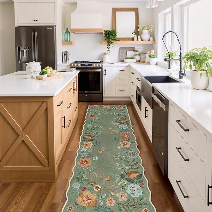 Lahome Floral Runners for Hallways, 2X6 Kitchen Runner Rug Ultra-Thin Soft, Non-Slip Hallway Rug Stain Resistant Boho Low-Pile Carpet for ‎Laundry Bathroom Bedroom(2x6ft,Green)