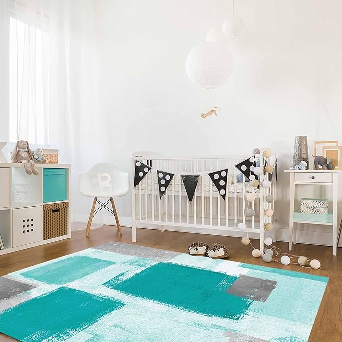 Teal Green Rectangular Area Rugs for Living Room Bedroom 4 x 6 ft Abstract Paint Texture Modern Art Non-Shedding Soft Low Pile Rug Non Slip Washable Rug for Nursery Entryway Playroom