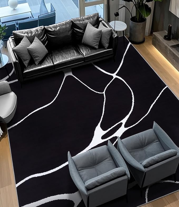 YIHOUSE Modern Washable Area Rug for Living Room Bedroom - Large Abstract Black and White Rug Non-Slip Ultra-Thin Home Decor (Dark Warping, 8'x10'ft)