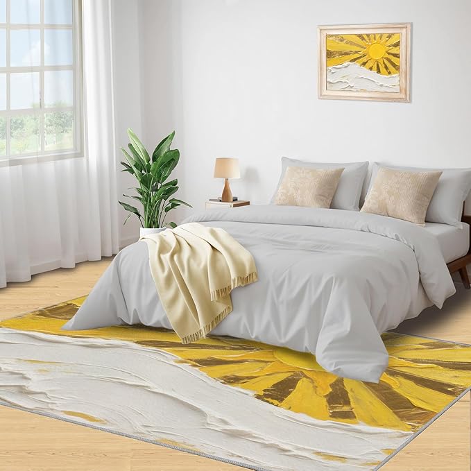 Boho Sun Area Rugs 5x6ft, Abstraction Deco Rugs for Kids Bedroom, Minimalist Sunburst Office Rug Low Pile are Not Stumbling Foot for Living Room End Table Nursery