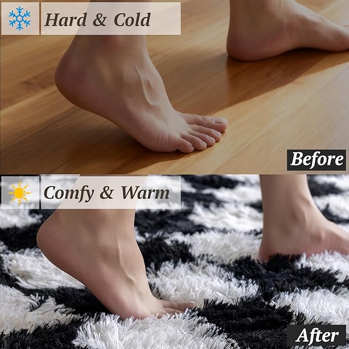 4x6 Area Rugs for Living Room Bedroom, Soft Fluffy Shaggy Bedside Rug, Indoor Floor Carpet for Kids Playroom, Dorms, Nursery Rooms, Home Decor (Black & White 4'x6')