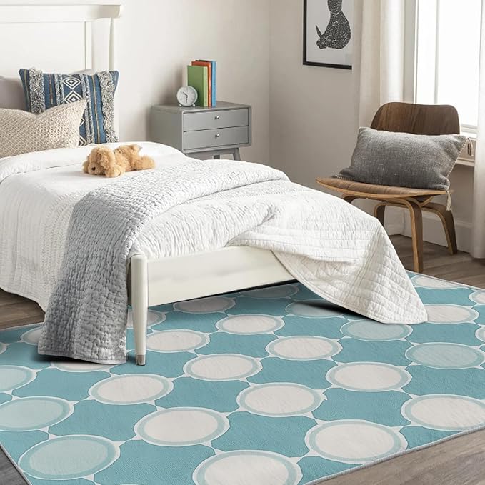 Aqua and White Rug, 4x6 Rug, Blue Rugs for Entryway, Geometric Large Area Rug, Washable Rug Non Slip Soft Indoor Carpet, Kids and Pets Friendly, Aqua and White Home & Room Decor