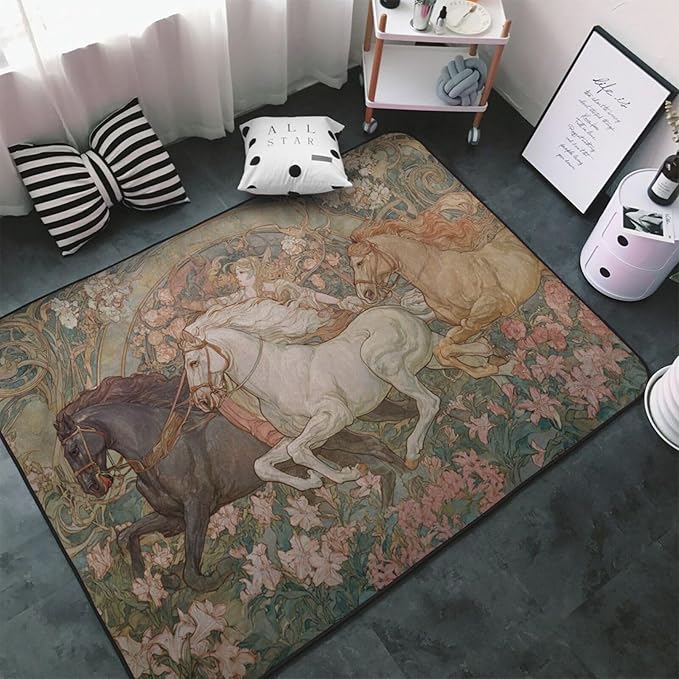 Horse Western Boho Ethnic Style Area Rug Washable Outdoor Rugs Anti-Slip Soft Carpet Entryway Indoor Door Mat for Bedroom,Living Room,Porch,Terrace and Entrance Decor 8'x 5'