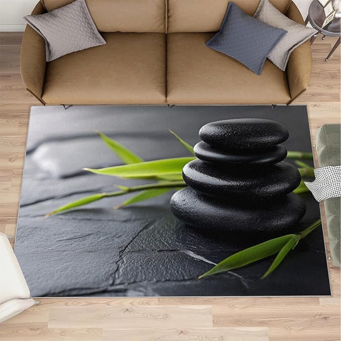 Zen Buddhism Rugs for Bedroom - 2x3 Area Rug - Black Zen Dianthus Leaf Rugs for Living Room, Meditation Yoga Rug, Washable Home Decor Carpet