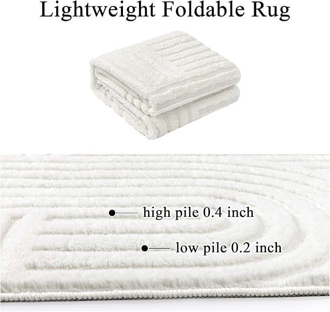SHACOS Soft Cozy Fluffy Arch Pattern High Low Pile Rugs 4'x6' Non Slip Washable Scandinavian Minimalist Rug Modern Geometric Arc Carpet for Living Room Bedroom Dining Room, Cream White