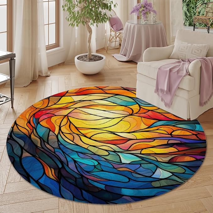 Abstract Colorful Pattern Round Rug Vintage Church Glass Area Rug Washable Soft Non-Slip Floor Carpet Low Pile Accent Rugs for Entryway Living Room Dining Room Bedroom Home Office 5ft