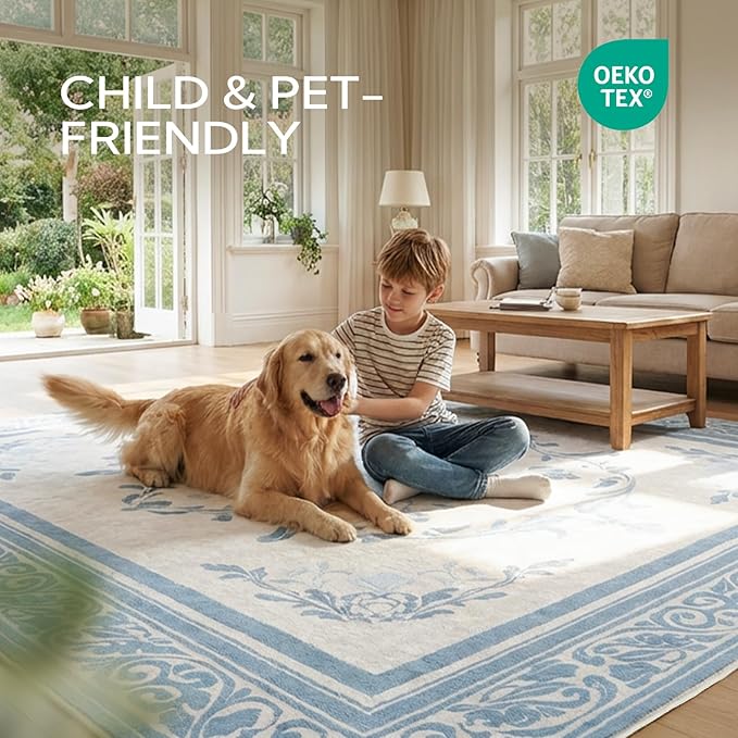 SOULFUL Medium Pile 8x10 Rugs for Living Room - Cozy Soft Underfoot Large Area Rug - Mist Blue Boho Floral - Washable Non-Slip - Perfect for Bedroom Kids Room Under Dining Table Office