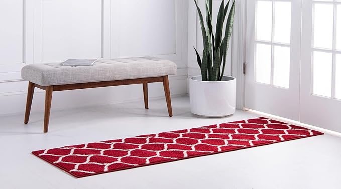 Rugs.com Lattice Frieze Collection Rug – 2' x 13' Runner Red Medium Rug Perfect for Living Rooms, Large Dining Rooms, Open Floorplans