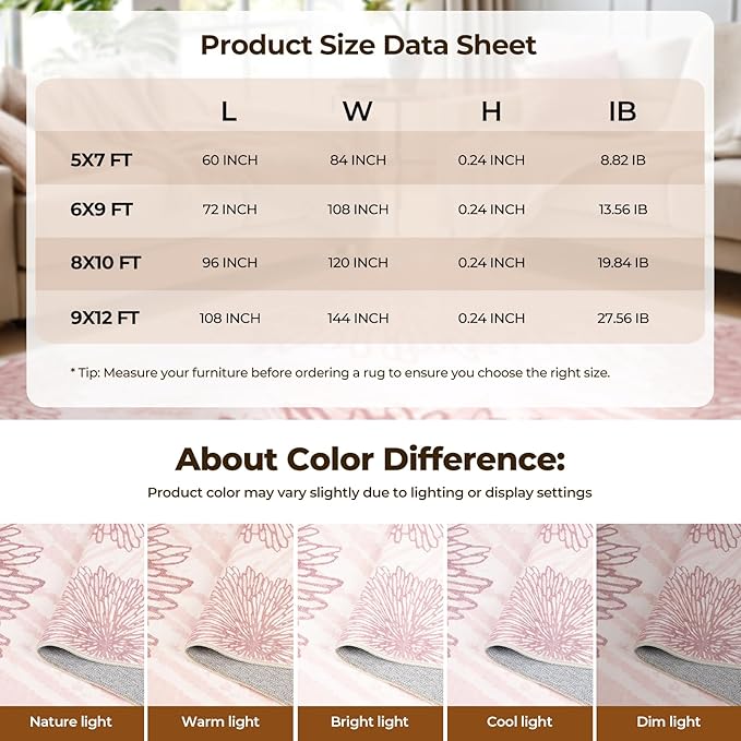 WITSHOCK Pink Rugs 9x12 for Bedroom Girls,Floral Modern Distress Print Pattern Carpet for Living Room Dining Room,Stain Resistant Anti Slip Backing Rugs for Kids Room Nursery Playroom,Light Pink