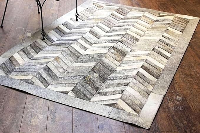 Chevron Pattern Faux Cowhide Area Rug | Non-Slip Leather Carpet for Living Room, Bedroom, and Office | Modern Designer Rug for Home Décor(3x8 ft_Grey)