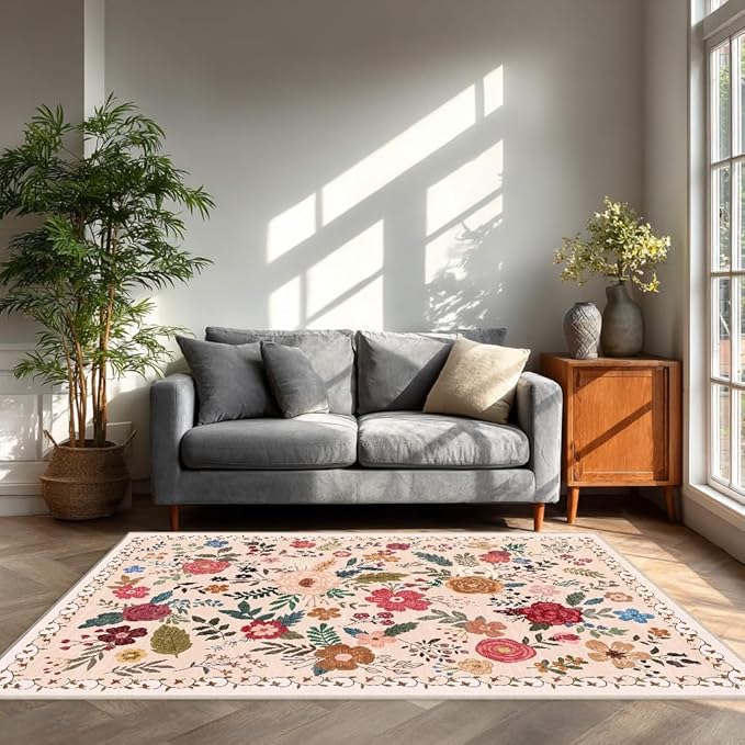 5x7 Area Rugs for Living Room Clearance Washable Boho Area Rug, Vintage Floral Non Slip Low Pile Large Rug for Living Room, Bedroom, Dining Room, Farmhouse (5 x 7 Beige Red)