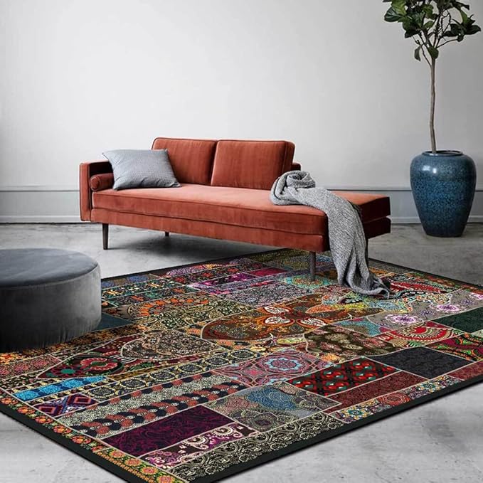 Vintage Boho Area Rugs Multicolor Ethnic Style Geometric Splicing Carpets Bedroom Living Room Kitchen Floor Mats Indoor Outdoor Non-Shedding Runner Rug Home Décor Carpet 4' X 7'