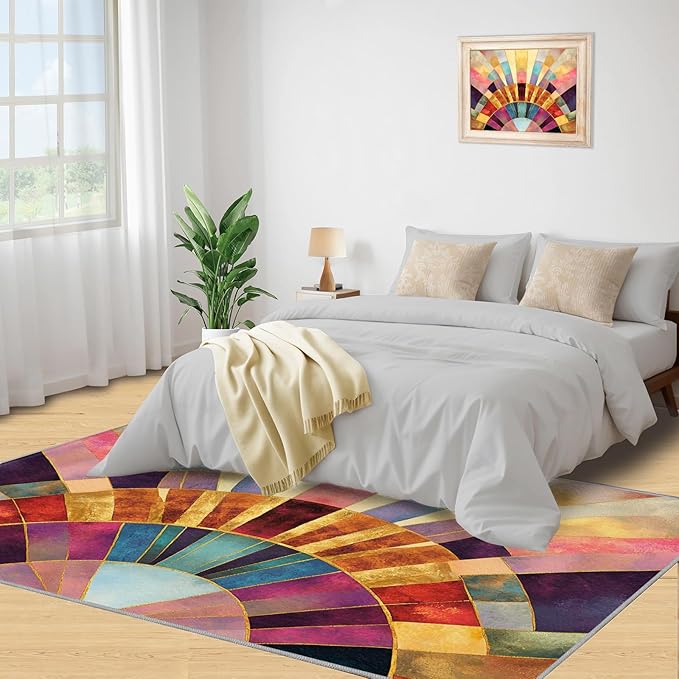 Chromatic Geometric Area Rugs 4x6ft, Abstraction Deco Carpet for Bedroom, Mosaic Sunburst Rug for Living Room Easy to Clean for Indoor Outdoor Hardwood Floors Home Decor
