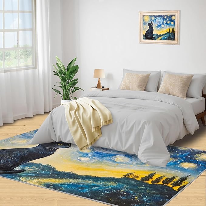 Black Cat Rugs for Bedroom - 6x8 Area Rug - Starry Sky Countryside Rugs for Living Room, Vintage Oil Painting Art Rug, Washable Home Decor Carpet