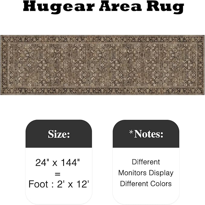 HUGEAR 2x12 Runner Rug Machine Washable Brown Hallway Area Rug Indoor Accent Rug Floral Low Pile Carpet Soft Throw Rug Bedroom Living Room Office Dining Room Kitchen Laundry Room Non Slip