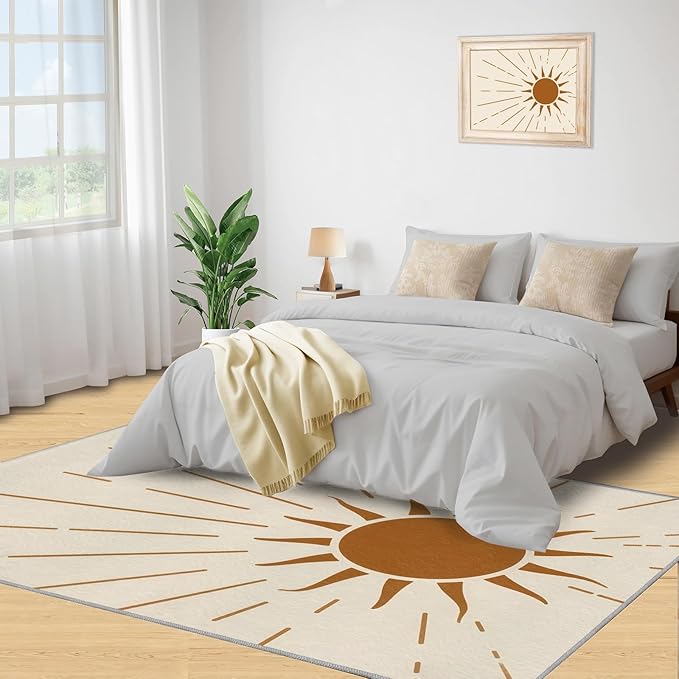 Boho Sun Area Rugs 5x7ft, Radiant Sunburst Rugs for Living Room, Geometric Solar Floor Rug Sturdy and Non-Shedding for Bedroom Hardwood Floors Teen Room
