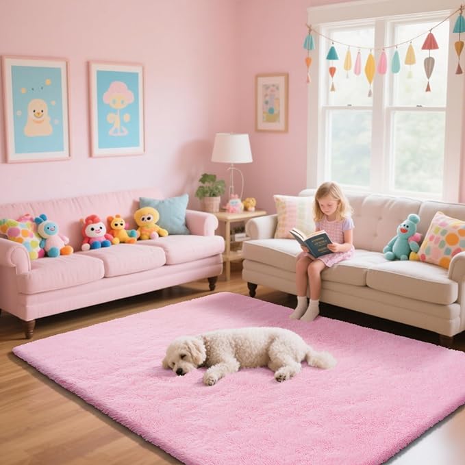 Pink Fluffy Rug Shaggy Area Rug, 6x9 Area Rugs for Girls Bedroom, Big Soft Shaggy Bedside Non-Slip Plush Dorm Nursery Kids Carpet Home Decor Aesthetic