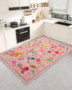 Boho Washable Area Rug 5x7 – Floral Low Pile Non-Slip Carpet for Living Room, Bedroom, Office, Playroom, Entryway, Kitchen, Dining Room (Pink)