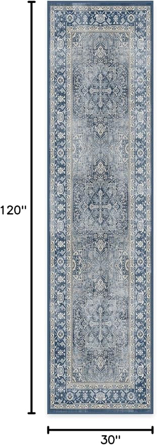 RUGGABLE Washable Vintage Runner Rug – Kamran Admiral Blue 2.5x10, Stain-Resistant, Non-Slip Hallway Runner – Machine Washable Rug for Hallway, Entryway, Living Room & Kitchen – with Cushioned Pad