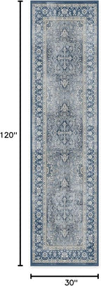 RUGGABLE Washable Vintage Runner Rug – Kamran Admiral Blue 2.5x10, Stain-Resistant, Non-Slip Hallway Runner – Machine Washable Rug for Hallway, Entryway, Living Room & Kitchen–with Standard Pad