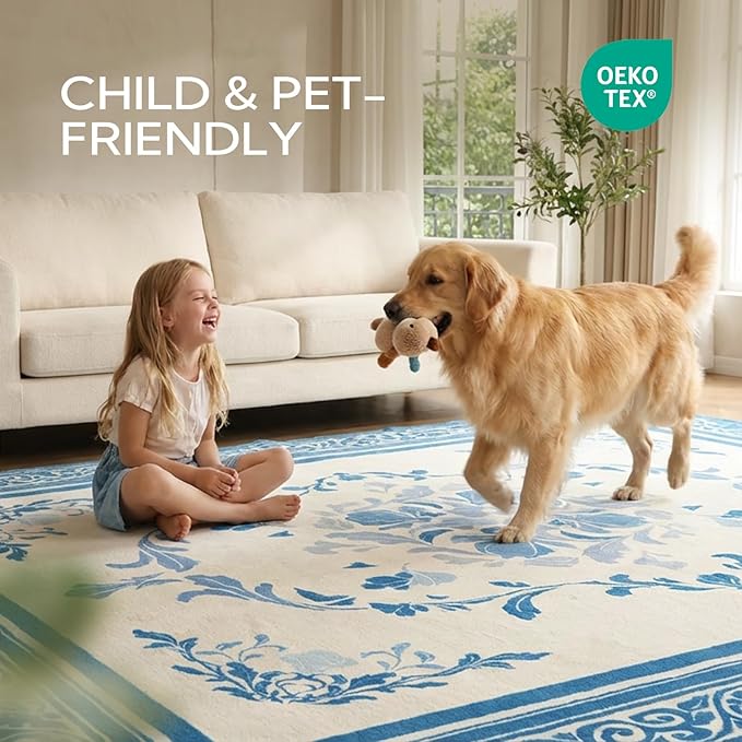 SOULFUL Medium Pile 8x10 Rugs for Living Room - Cozy Soft Underfoot Large Area Rug - Blue Boho Floral - Washable Non-Slip - Perfect for Bedroom Kids Room Under Dining Table Office