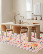 Boho Washable Area Rug 4x6 – Floral Low Pile Non-Slip Carpet for Living Room, Bedroom, Office, Playroom, Entryway, Kitchen, Dining Room (Pink)