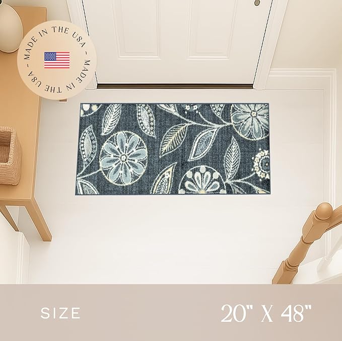 Maples Rugs Reggie Floral Runner Rug - Made in USA - Washable, Non Slip Indoor Carpet for Kitchen, Hallway, and Laundry Room, 4' x 1'8, Persian Blue