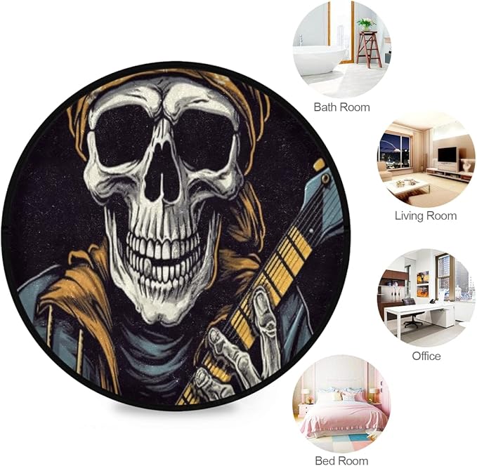 Washable Non-Slip Round Rug with Grinning Skull Electric Bass Design Perfect for Indoor & Outdoor Decor, Living Room, Bedroom, Dorm Room, and Office.