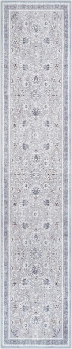 Phantoscope Washable Runner Rug 2'x10' Non-Slip, Vintage Neutral Hallway Rugs for Entryway, Stair, Bedroom, Distressed Boho Floral Medallion Pattern, Low-Pile Foldable Carpet, Light Grey/Neutral