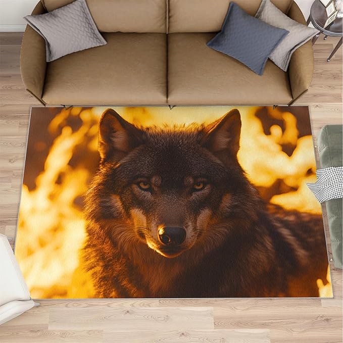 Wolf Rugs for Bedroom - 6x8 Area Rug - Timber Wolf Rugs for Living Room, Sunset Landscape Rug, Non-Slip Washable Home Decor Carpet