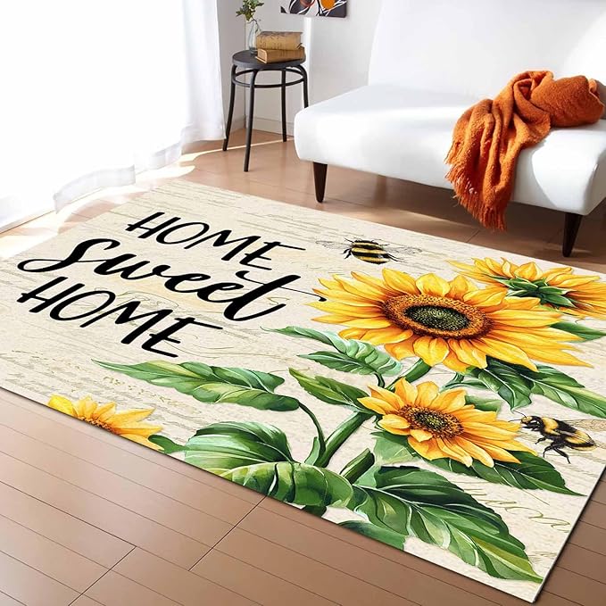Summer Sunflowers Rectangular Area Rugs for Living Room Bedroom 5 x 8 ft Rustic Floral Bees Green Leaves Non-Shedding Soft Low Pile Rug Non Slip Washable Rug for Nursery Entryway Playroom