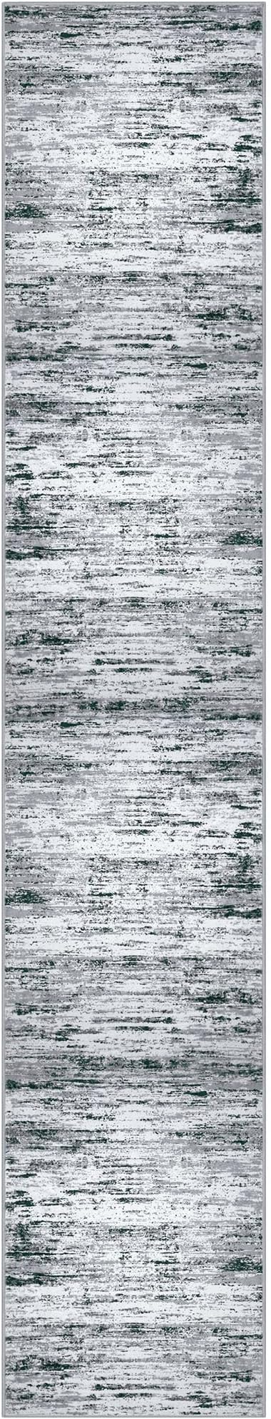 Modern Abstract Runner Rug 2.6x14, Black Grey White Washable Long Kitchen Runner Non-Slip Soft Hallway Rug Runner Thin Print Faux Wool Carpet for Entryway Bedroom Laundry Room Indoor Home Decor