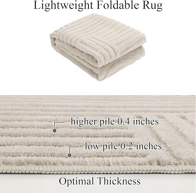 SHACOS Soft Cozy Fluffy Geometric High-Low Arch Rug 4'x5'3" Non Slip Washable Modern Area Rug Stain Resistant Contemporary Carpet for Living Room Bedroom Dining Room, Beige