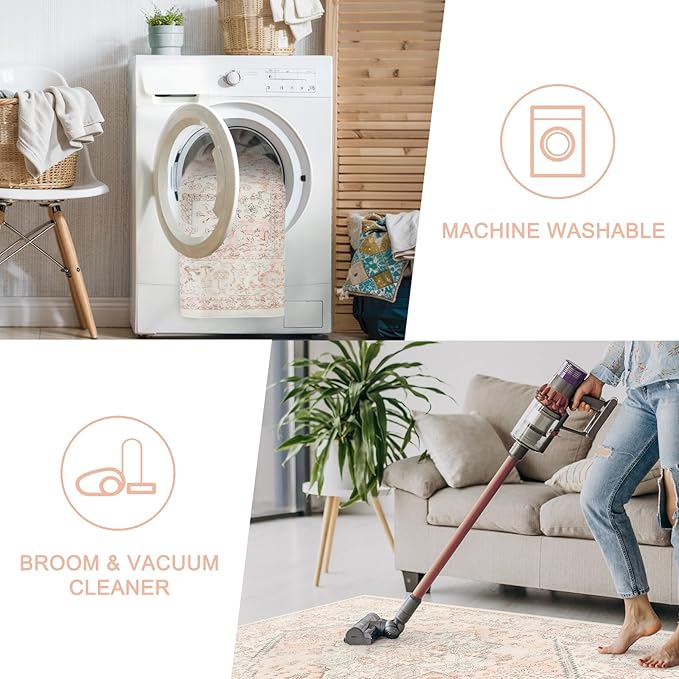 LIVEBOX Pink 10x14 Area Rug, Extra Large Vintage Area Rugs for Living Room Boho Soft Low Pile Non Slip Rug, Retro Non Shedding Indoor Carpet for Bedroom Dining Room Under Table