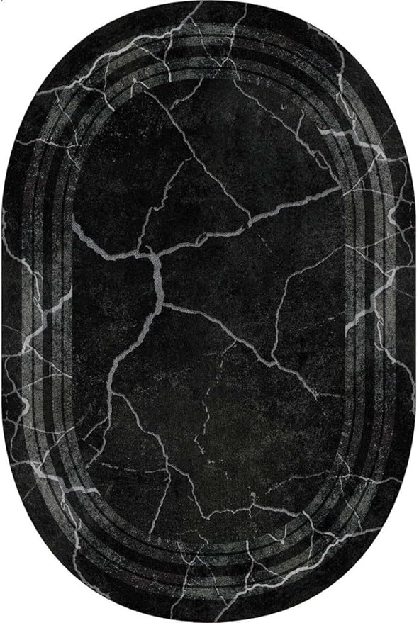 Black Grey Striped Texture Bordered Rugs 4x6 Modern Minimalist Indoor Large Area Rug for Living Room Bedroom Dining Room Soft Faux Wool Non Slip Floor Mats Entrance Bathroom Home Office Oval Carpet