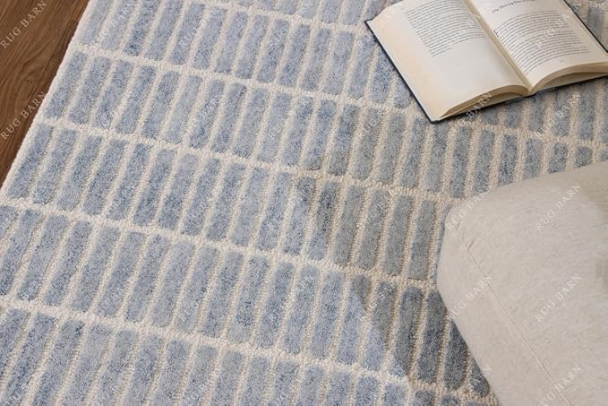 Capitola Hand-Tufted Wool Rug 7x11 Blue Coastal, Rustic Area Carpet for Bedroom Living Room, Textured Natural PB Style, Soft Wool Accent Mat