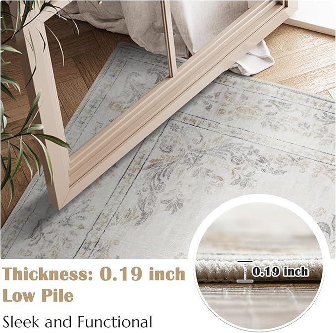jinchan Hallway Runner Rug 2x10 Vintage Floral Distressed Design - Machine Washable Non-Slip Low-Pile Soft Thin Faux Wool Kitchen Carpet for Farmhouse Bedroom Laundry Room(2x10ft, Light Grey)