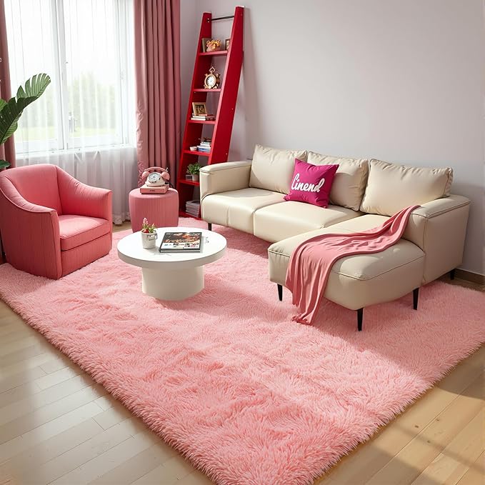 Zentavio Pink Rugs for Girls Room 5x8 Area Rugs for Living Room Cute Carpet for Bedroom Washable Soft Fluffy Shag Aesthetic Plush High Pile Throw Rug for Nursery Kids Room Dorm Room