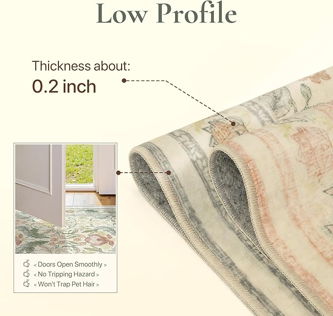 Bavni 5x7 Area Rugs for Living Room, Microfiber Machine Washable Non-Slip Vintage Floral Rug, Low Pile Lightweight Carpet for Bedroom, Dining Room, Home Office, Beige&Green