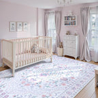 Wonnitar Floral Purple Rug for Bedroom, 8x10 Washable Rugs for Nursery Girls, Boho Low Pile Soft Non Slip Carpet for Dorm Living Room Playroom Home Decor, Pale Purple