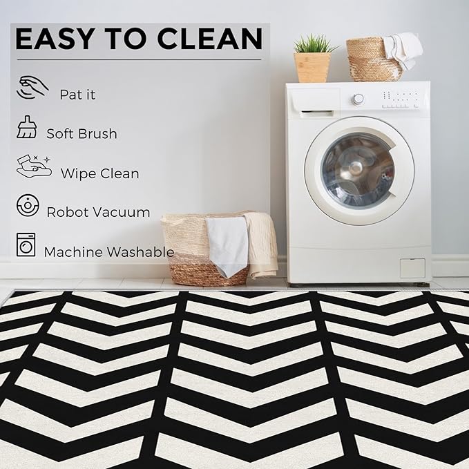 2x3 Black and White Chevron Throw Rugs for Entryway, Washable Geometric Pattern Indoor Door Mat, Bedroom Kitchen Entrance, Non Slip Soft Thin, Modern Zigzag Decor Small Area Rug PF-P 49