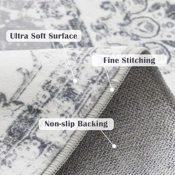 jinchan Fiora Round Rug 7ft Area Rug - Grey Vintage Floor Mat Indoor Ultra-Thin Soft Floral Print - Washable Circle 7' Retro Accent for Farmhouse Non Slip Dining Room Living Room Bedroom Office