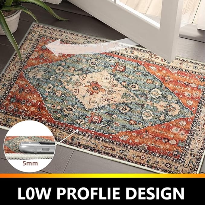 Boho Vintage Oriental Entry Rugs for Entrance Non-Slip Washable Tribal Small Area Rug,Ultra Soft Bohemian Floral Medallion Low-Pile Indoor Front Door Mat for Bedroom Kitchen Bathroom 24" x 36"