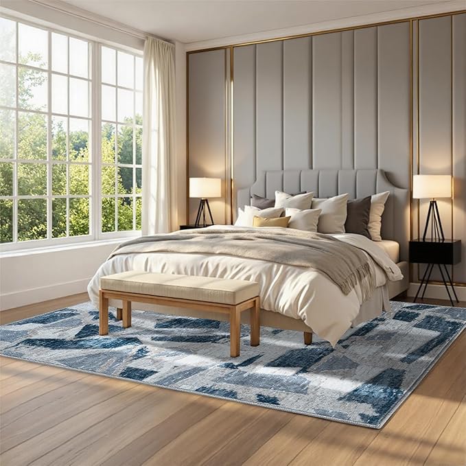 Modern Abstract Blue 5X7 Area Rug for Living Room Bedroom Washable, with Non-Slip Rubber Backing Print Faux Wool Thin, Throw Large Carpet for Kids Playroom Dining Room Pet & Child Friendly