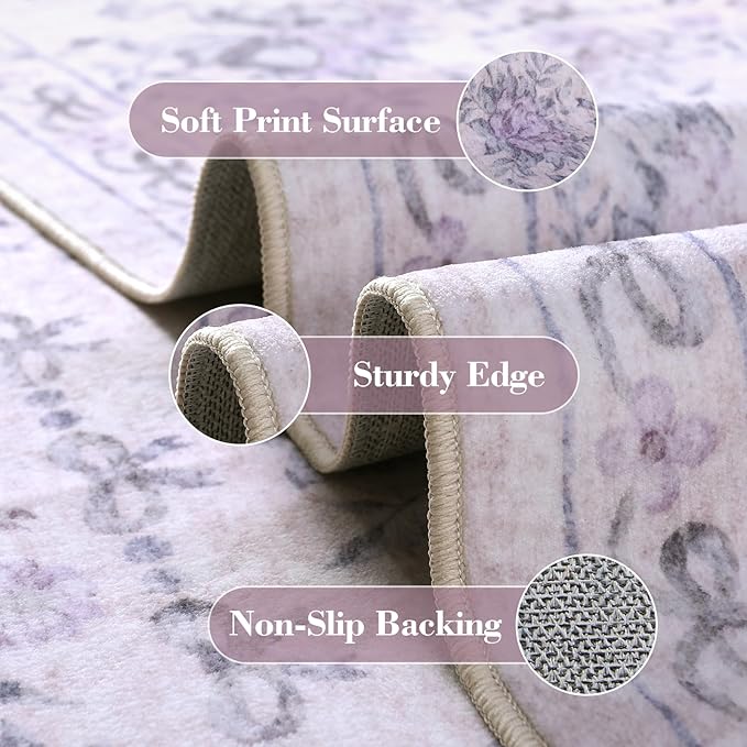 Wonnitar Floral Bow Print Purple Rug, 5x7 Washable Rug for Girls Room Decor, Ultra-Thin Non Slip Soft Boho Carpet for Bedroom Nursery Toddler Kids Room Living Room Women Office